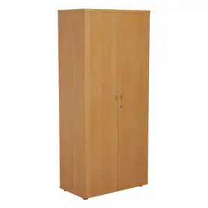 Tall wooden cabinet with double doors and metal handles.