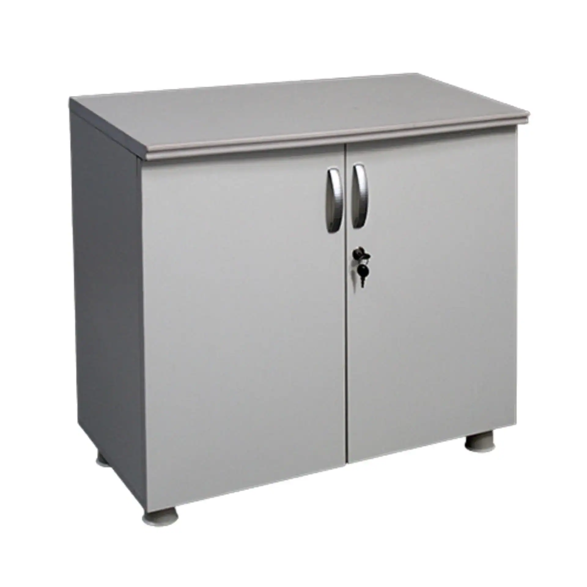 Small, light gray storage cabinet with two doors and metal handles, featuring a lock.