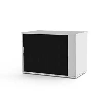 Small white cabinet with a black sliding door.