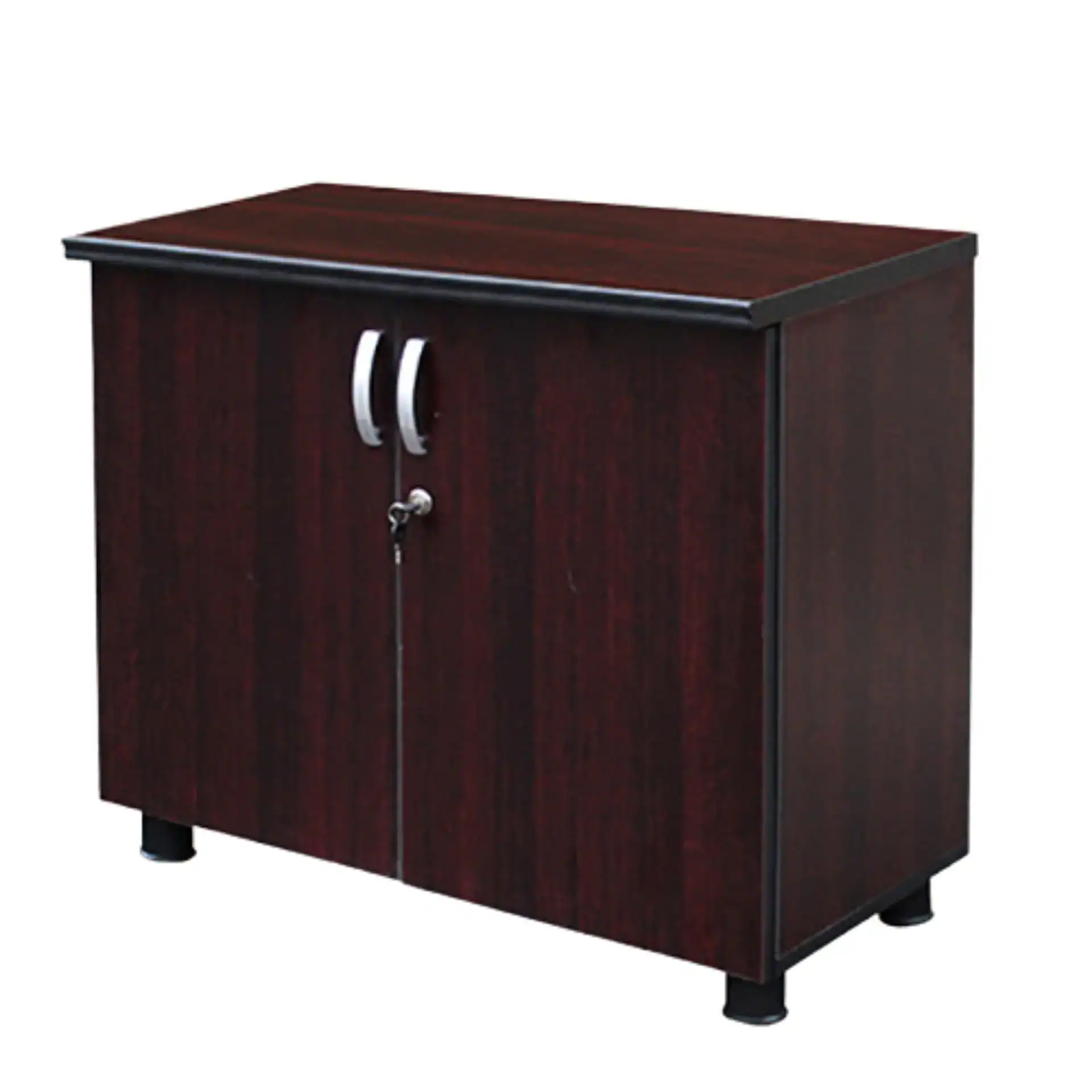 A dark wood cabinet with two doors, silver handles, and a lock.