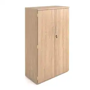 Medium-height wooden cabinet with double doors and metal handles.