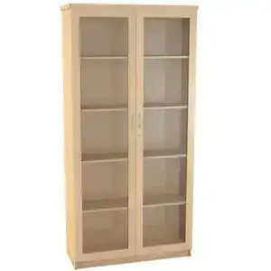 Tall wooden cabinet with glass doors and multiple shelves.