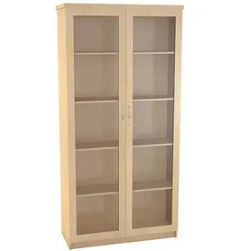 Tall wooden cabinet with glass doors and multiple shelves.