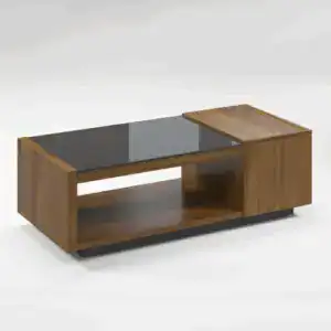 Modern coffee table with a dark wood finish and black glass top, featuring open storage space below.
