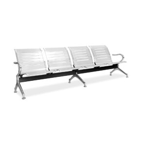 Public 4-seater silver steel waiting bench with armrests and cross beam