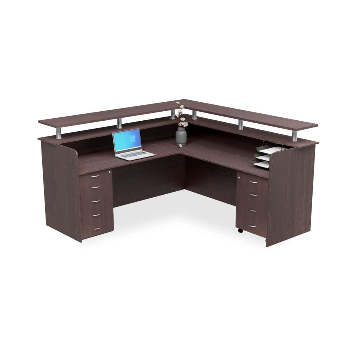Alpha reception counter 1600mm internal workspace with desk height pedestal and mobile pedestal
