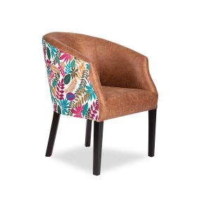 Delhi occasional chair with tan upholstery, patterned back panel and mahogany stained legs