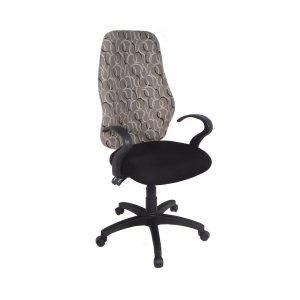 Mid back programmer office chair with arms, upholstered seat and adjustable back rake mechanism
