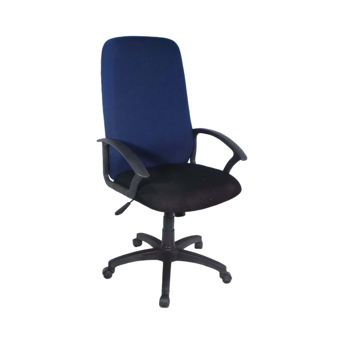 Montana high back office chair with arms, upholstered seat and swivel tilt mechanism