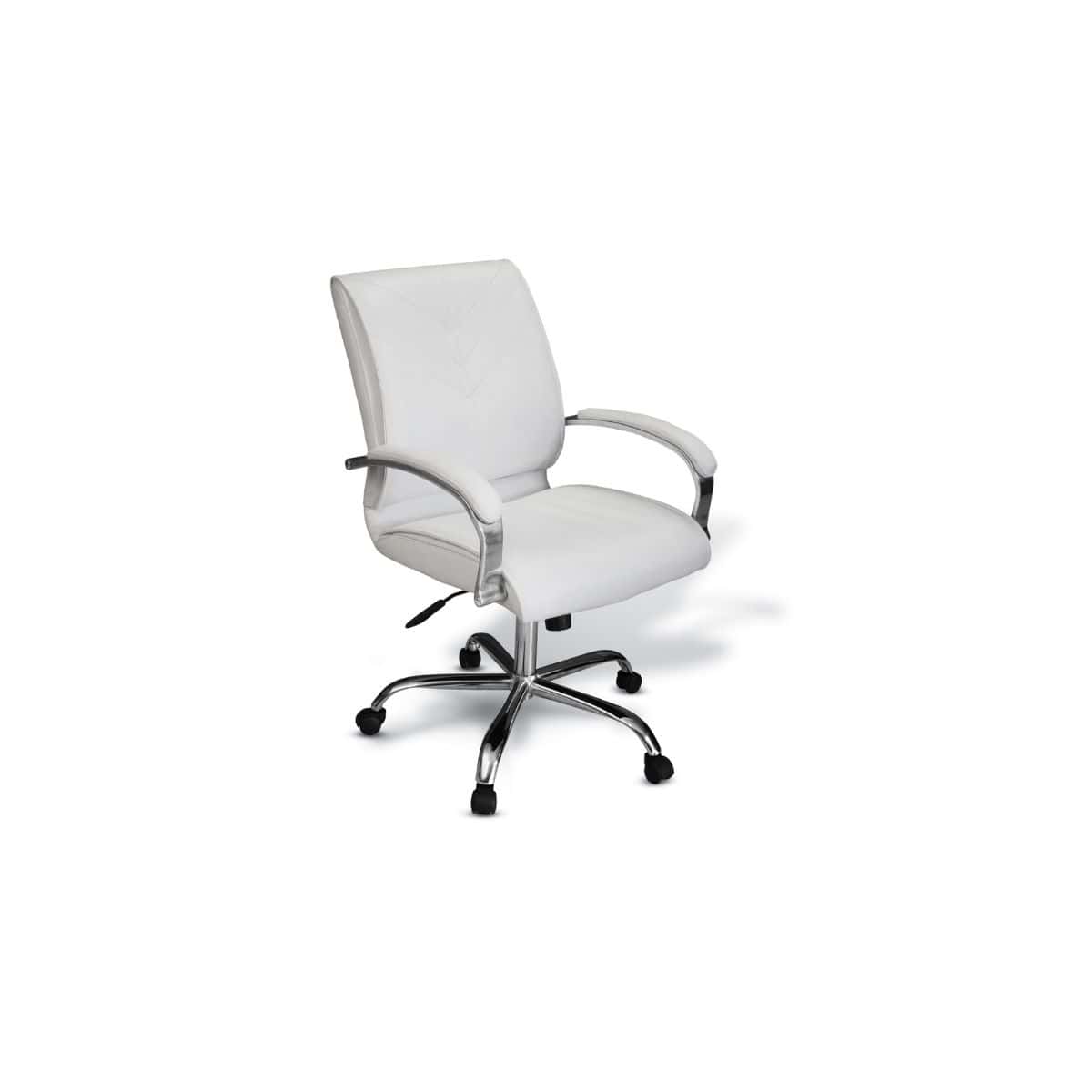 Stetson mid back office chair with chrome five star base, swivel and tilt mechanism and padded chrome C armrests