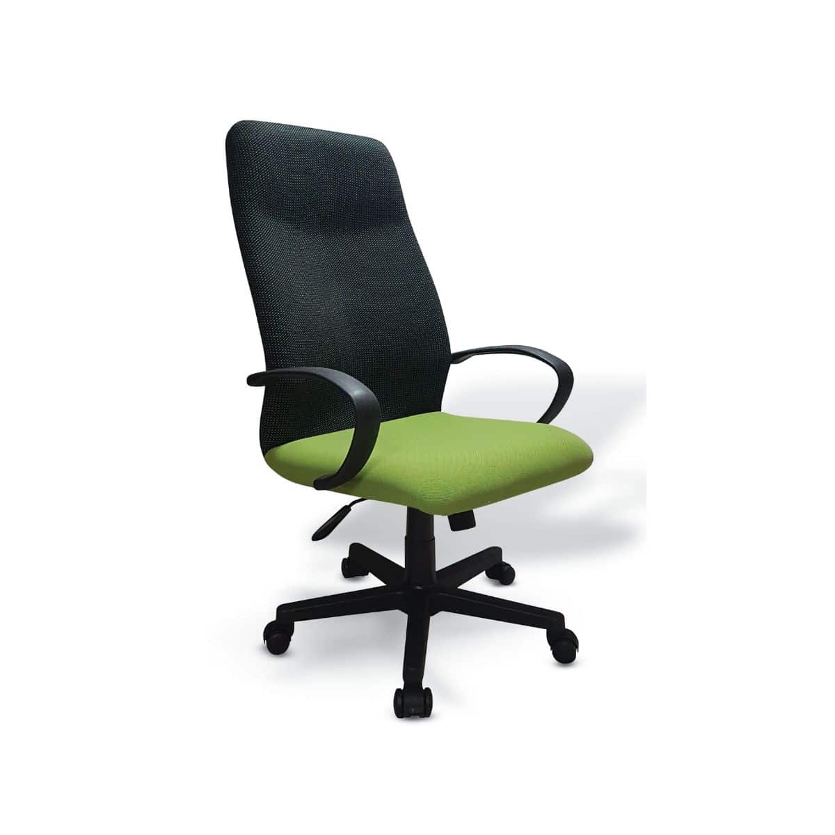 Texas 4x4 high back office chair with double shell, green upholstered seat, black backrest and heavy duty base