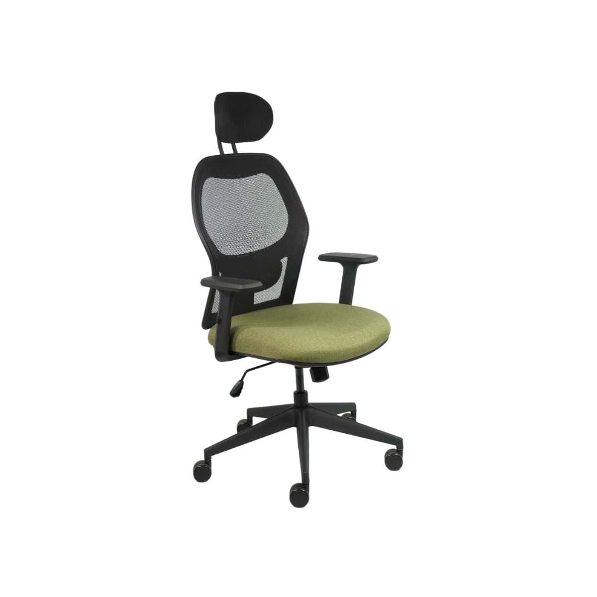 Airo high back office chair with mesh backrest, adjustable headrest, green moulded foam seat and nylon base