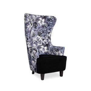 Barcelona wingback chair with mahogany stained legs and upholstered high back
