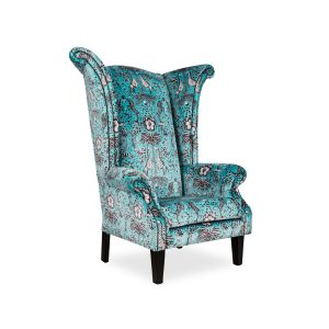 Berlin wingback chair with mahogany stained legs and upholstered high back design