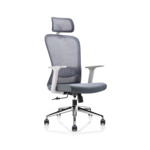 C4004 grey mesh high back chair with white frame, adjustable headrest and chrome base