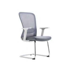 C4004B grey mesh visitor chair with white frame, nylon armrests and chrome sleigh base