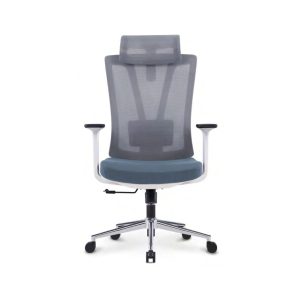 C4006 grey mesh high back chair with white frame, adjustable headrest and aluminium base