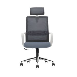 C4008 grey mesh high back office chair with white frame, adjustable headrest and chrome base