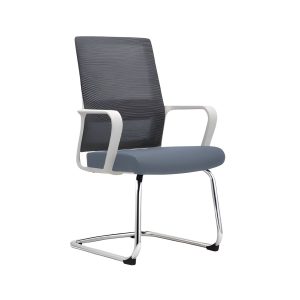 C4008B grey mesh visitor chair with white frame, fixed armrests and chrome sleigh base