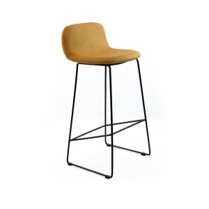 Café barstool with black epoxy coated loop frame and fully upholstered shell