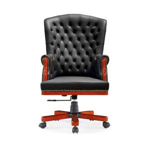 DB009 executive high back genuine leather chair with button tufted backrest and mahogany wooden base