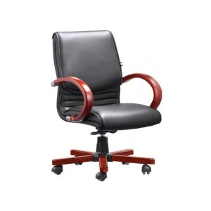 DB015 executive medium back genuine leather chair with mahogany wooden arms and base