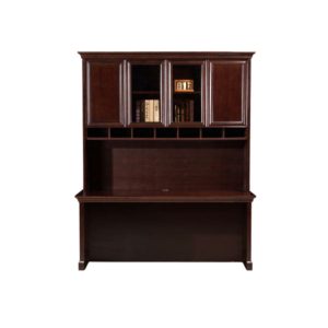 Executive hutch wall unit with end table and overhead storage cabinets in mahogany finish