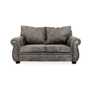 Lima double seater sofa with mahogany stained bun feet and classic upholstered design