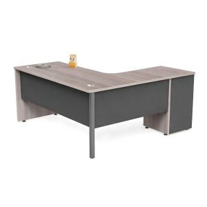 M301 cluster desk with pedestal in cherry mahogany finish with black modesty panels