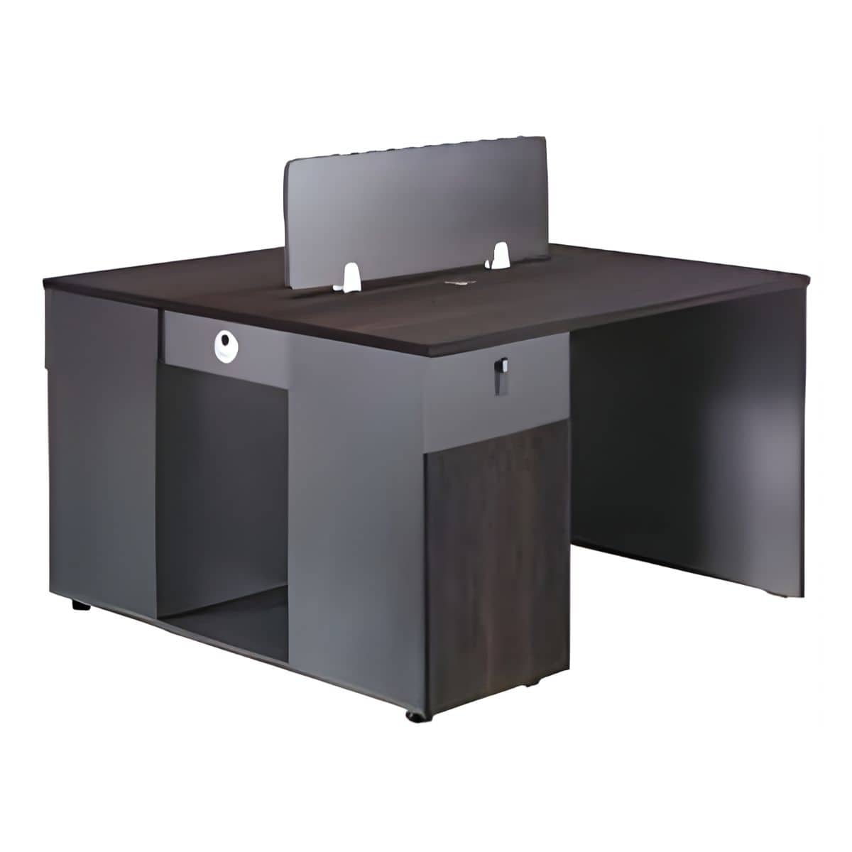 M325 2-way cluster desk in light oak with central partition and integrated drawer storage for collaborative office workstations