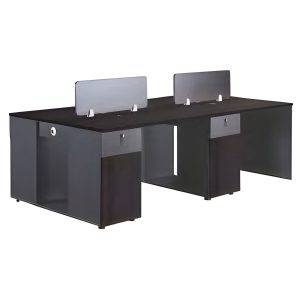 M325 and M326 4-way cluster desk in light oak with partitions and drawer storage for collaborative office workstations
