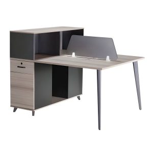 M327A 2-way cluster desk in light oak with central partition, storage drawers on both sides and top storage unit