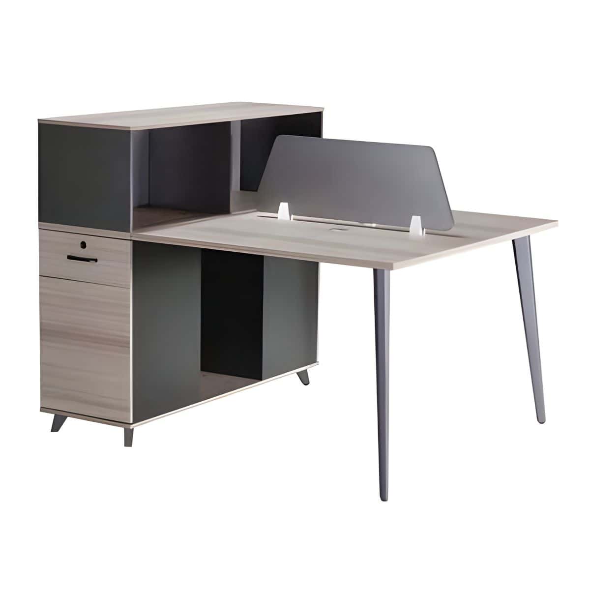 M327A 2-way cluster desk in light oak with central partition, storage drawers on both sides and top storage unit