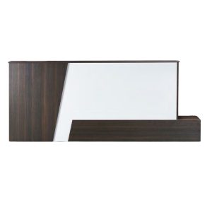 M328 2.6m reception desk with white front panel and dark oak finish modern office reception counter
