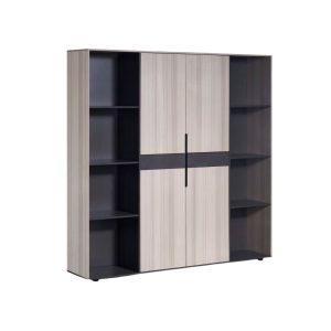 M408 light oak wall unit with central cabinet doors and open shelving office storage unit