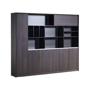 M409 dark oak wall unit with shelves and cabinet doors office storage cabinet