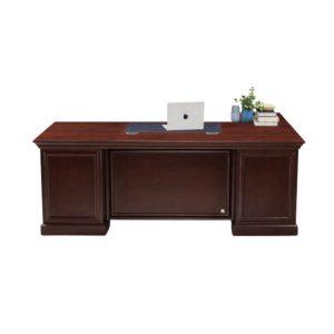 Regal executive office desk with extension table and three drawer pedestal in mahogany finish