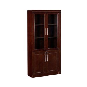 Executive two glass door wall unit cabinet with wooden frame and display shelving