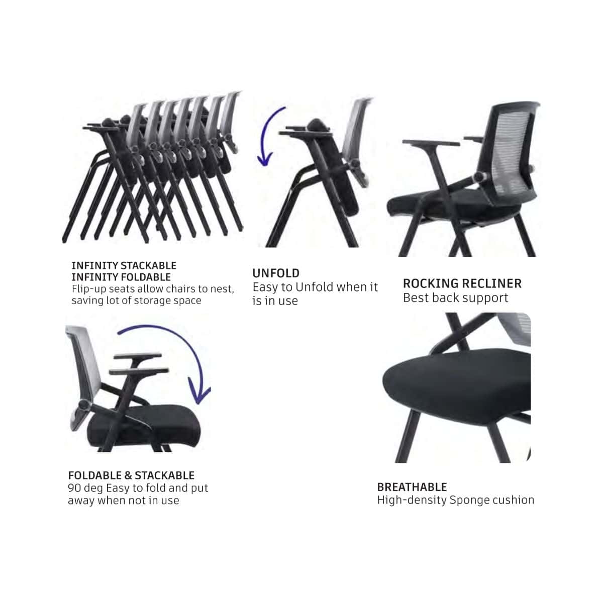 C4040 stackable conference chair with writing tablet showing foldable design, chrome frame and ergonomic seating features