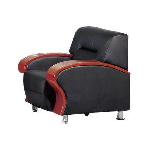 F099 single seater office couch with black leather upholstery, mahogany wood armrests and chrome feet