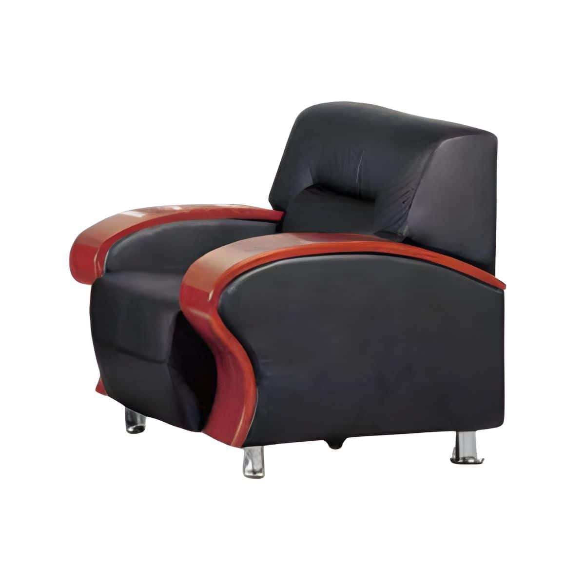 F099 single seater office couch with black leather upholstery, mahogany wood armrests and chrome feet