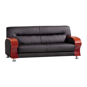 F099 three seater office couch with black leather upholstery, mahogany wood armrests and chrome feet