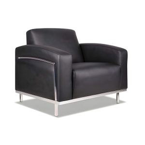 F111 single seater office sofa with black bonded leather upholstery and stainless steel frame