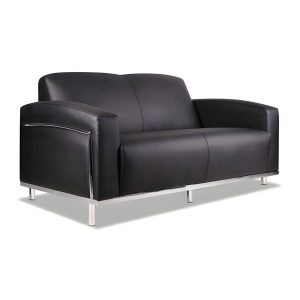 F112 two seater office sofa with black bonded leather upholstery and stainless steel frame