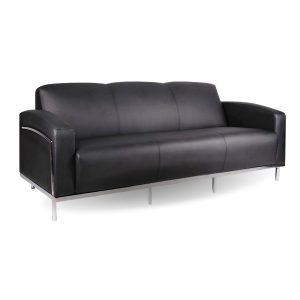 F113 three seater office sofa with black bonded leather upholstery and chrome frame