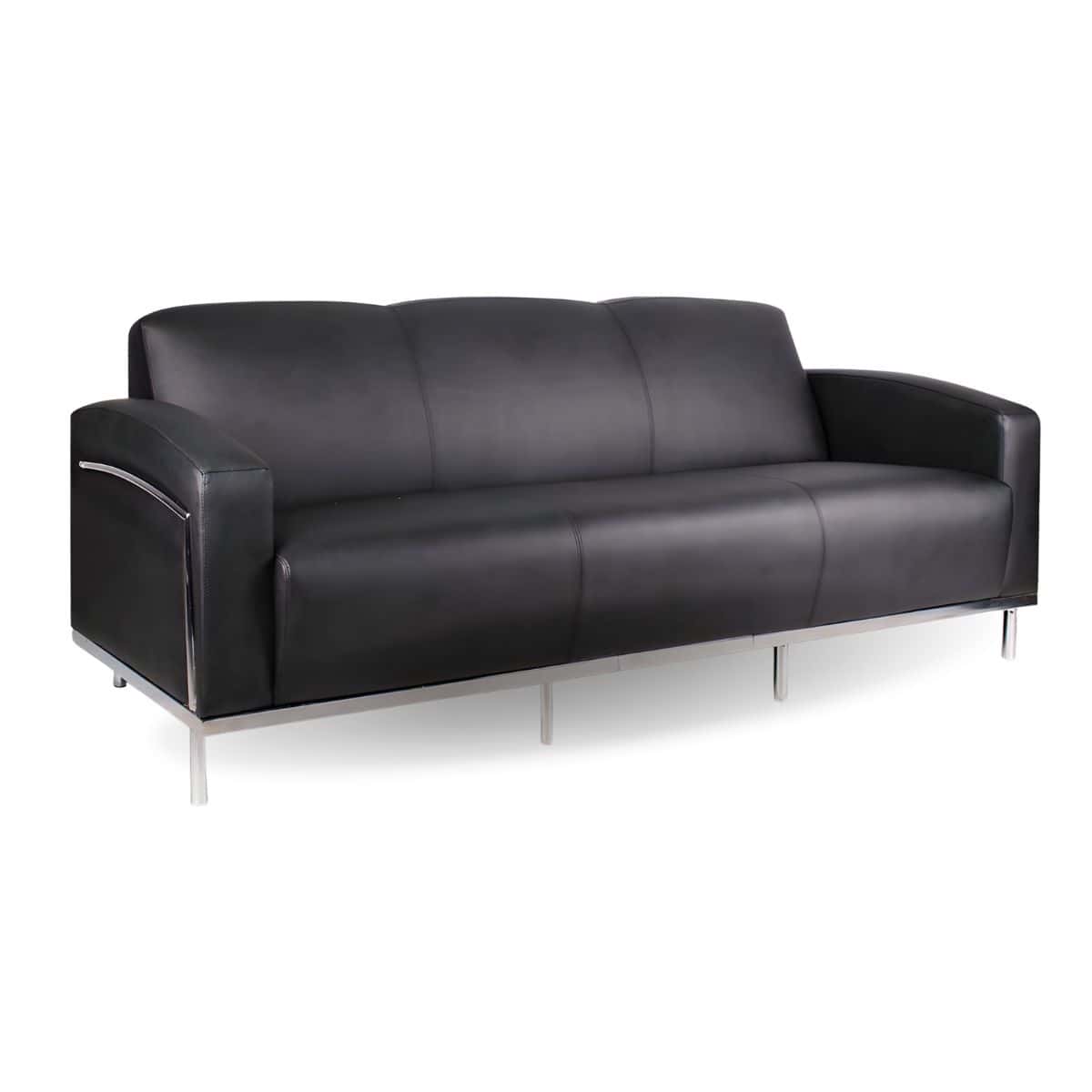 F113 three seater office sofa with black bonded leather upholstery and chrome frame
