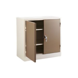 ST001 stationary cabinet with partially open doors showing 2 internal shelves in Ivory Karoo and Grey finish
