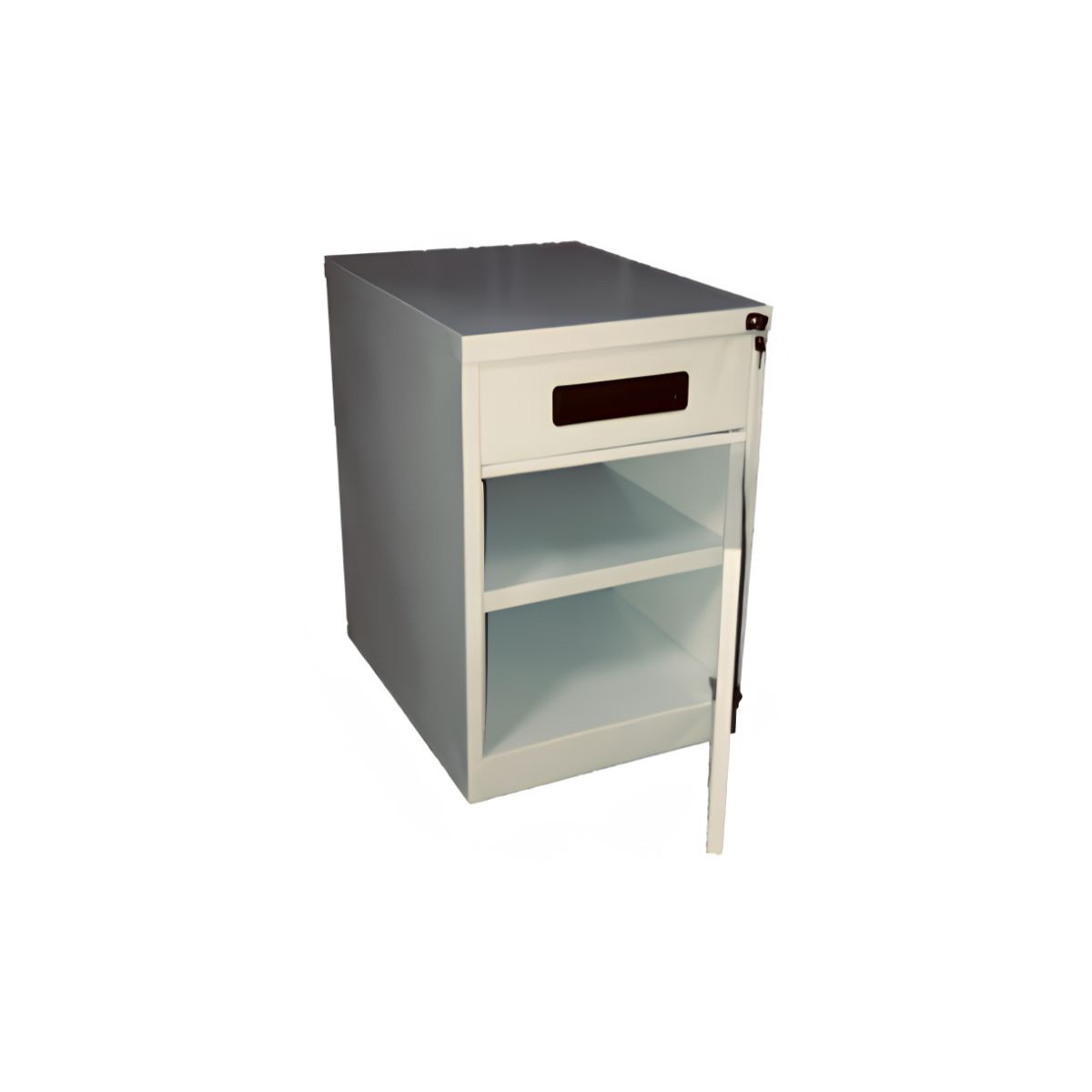 BP511 bedside pedestal with one drawer, open shelving and lockable cupboard storage