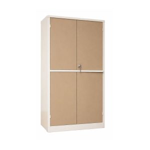 ST007 stationary cabinet with security bar, lockable doors and 4 shelves in Ivory Karoo and Grey finish